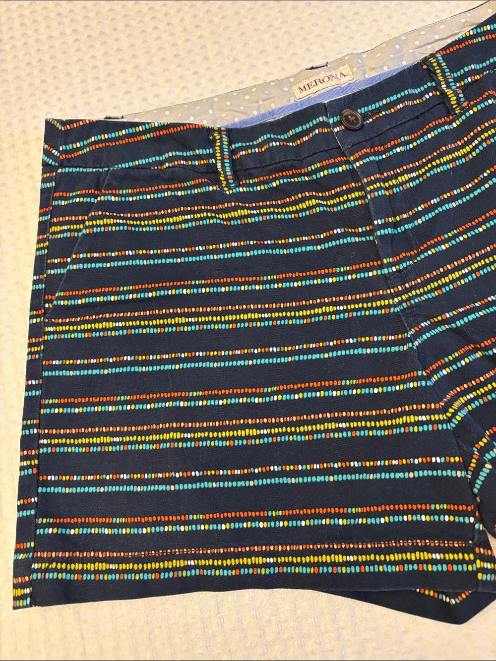 Merona Size 12 Navy Blue Shorts Multicolor Dot Stripes Boho Classic Chino Summer
